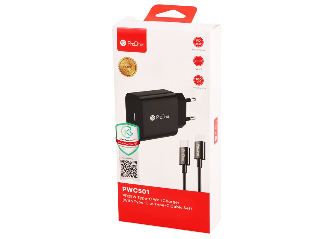 شارژر دیواری فست شارژ ProOne PWC501 3A PD 25W Type-C+ کابل تبدیل تایپ سی