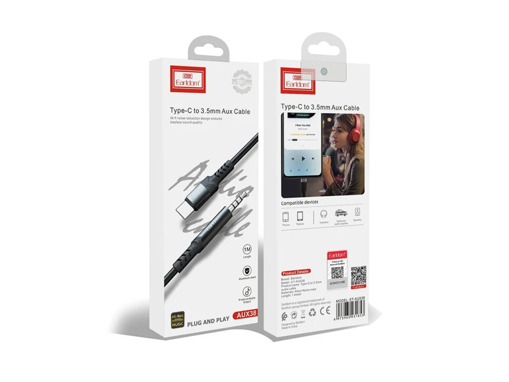 کابل تبدیل AUX به USB-C ارلدام مدل ET-AUX38 طول ۱ متر